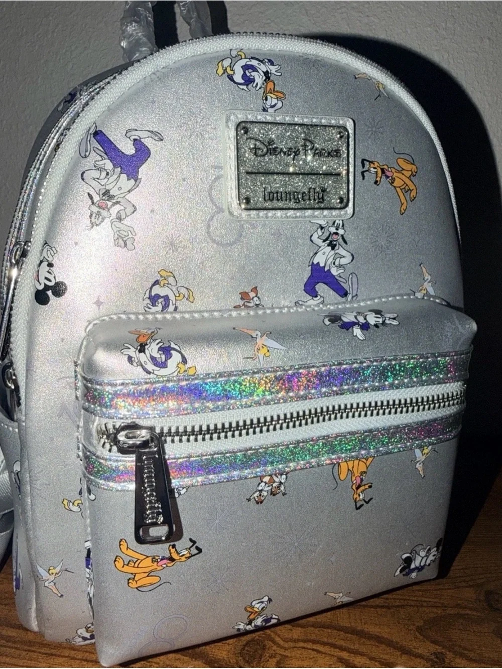 NWT Disney Parks 100 Years Loungefly Mini Backpack Silver Sparkle NWT